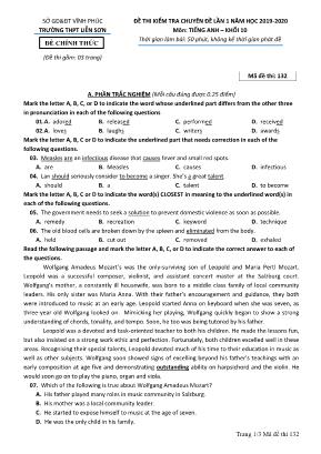Đề thi kiểm tra chuyên đề lần 1 môn Tiếng Anh Lớp 10 - Mã đề 132 - Năm học 2019-2020 - Trường THPT Liễn Sơn